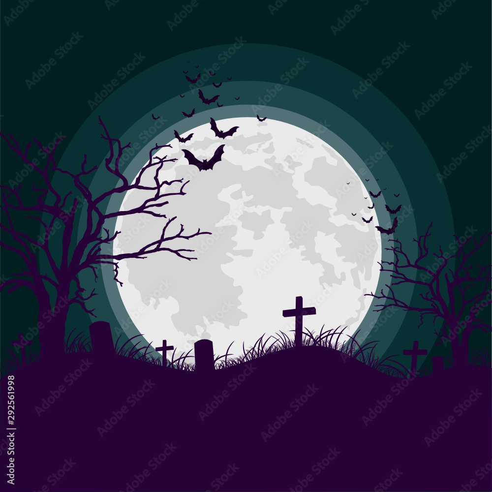 Spooky night background with full moon, scary trees and bats silhouettes. Vector illustration.