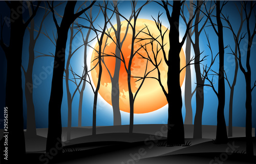 landscape silhouette dead trees in graveyard with full moon blue night background 