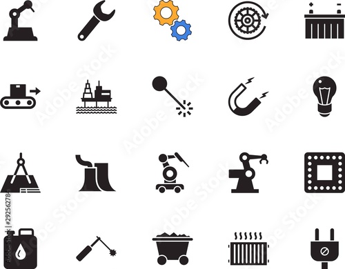 factory vector icon set such as: pollution, architecture, nuclear, canister, working, empty, key, glass, iron, drilling, heat, microchip, magnetism, socket, profession, cold, laser, cable, charge