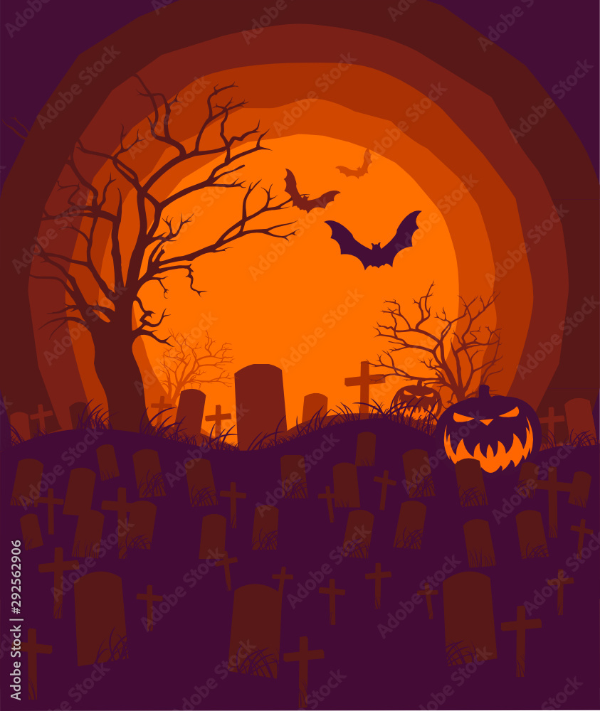 Halloween  night background with full moon, scary trees ,pumpkins,tombstones,cross and bats silhouettes. Vector illustration.