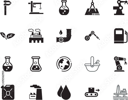 factory vector icon set such as: paper, canister, crane, environmental, s, flammable, automated, flow, calipers, fossil, derrick, flower, pipes, hydraulic, natural, technical, jerry, metallic