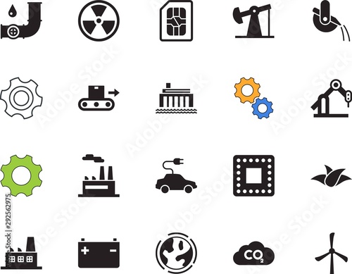factory vector icon set such as: logistics, system, natural, pressure, cpu, cargo, valve, metallic, mobile, globe, device, slag, robotic, pumpjack, molten, s, robotics, service, hydraulic, box, clock