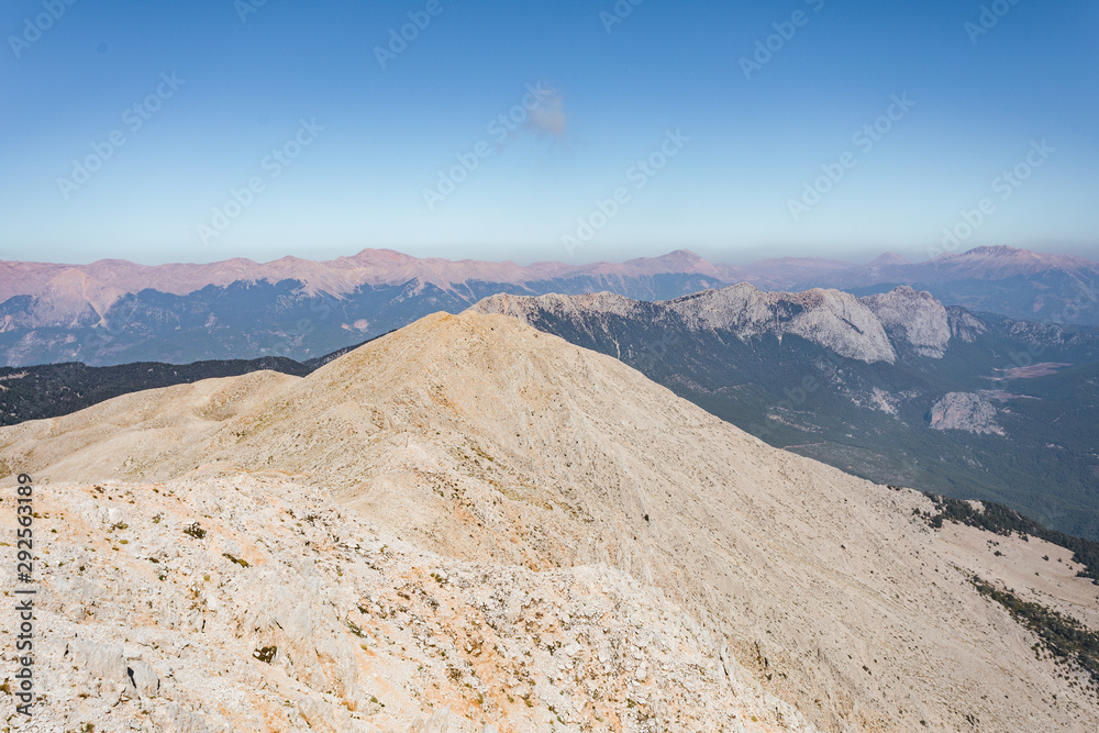 Beautiful view of Taurus Mountains from the viewpoint of Tahtali Mountain in the region of Antalya, Turkey