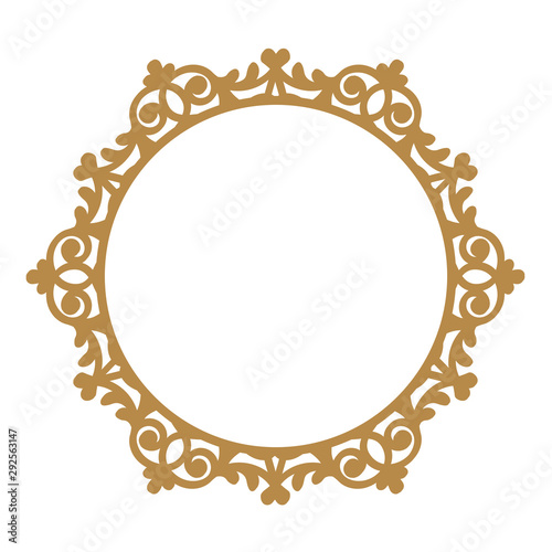 Laser cutting photo frame. Decorative round template for design. Vector geometric vintage metal border. Oriental ornamental lace, golden silhouette. Circular pattern in arabesque style. Napkin stencil