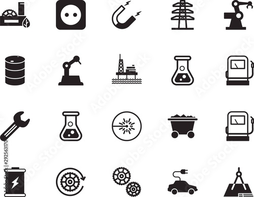 factory vector icon set such as: polarity, drilling, project, transformer, renewable, car, offshore, support, plan, architecture, plant, steel, wrench, electromagnetic, clean, cart, attract, crude