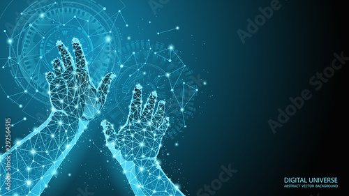 Abstract blue geometric background. Touch to electronic display. Skeleton image of a human hand. Technologies and Internet. Future vector image. Polygonal mesh. Futuristic pattern. Virtual reality.