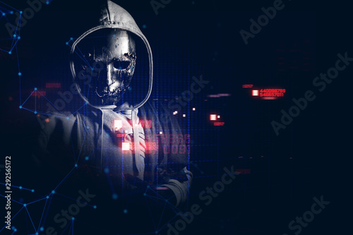hacker man terrorist with virus computer attack to server network system online in data internet security hacking ai concept