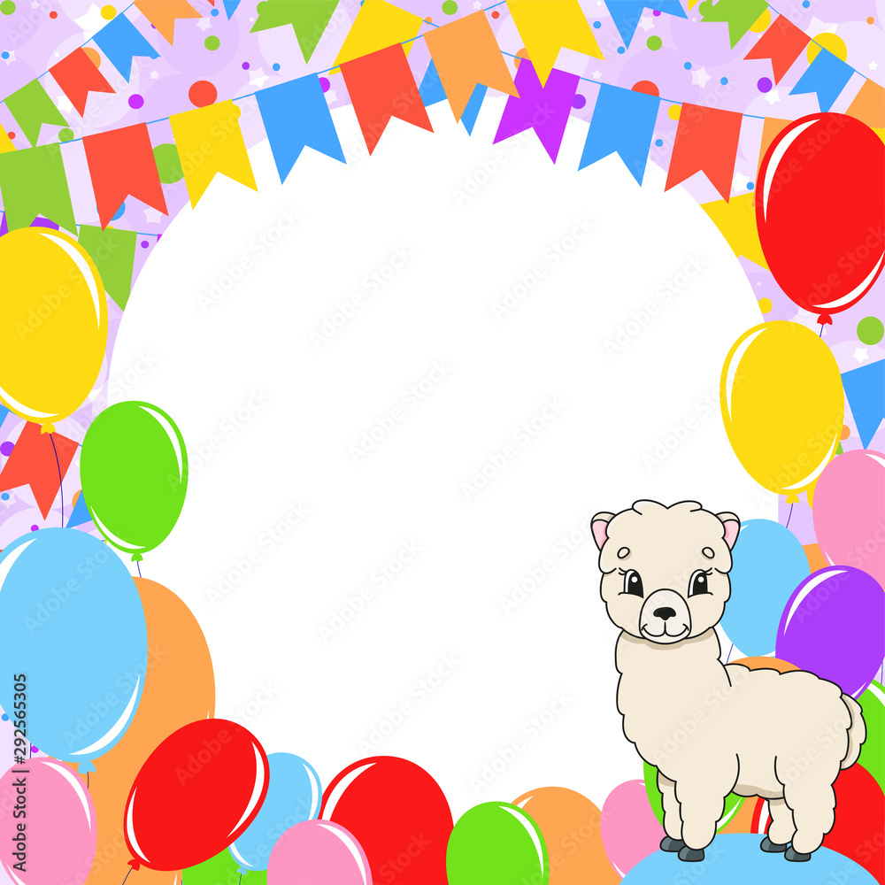 Happy birthday greeting card with a cute cartoon character. With copy space for your text. Picture on the background of bright balloons, confetti and garlands. Color vector isolated illustration. Happy birthday greeting card with a cute cartoon character. With copy space for your text. Picture on the background of bright balloons, confetti and garlands. Color vector isolated illustration.