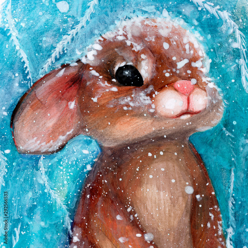 Bunny winter cold in the snow. rabbit snowflakes. needles. frost. watercolor. Christmas. happy new year greeting card