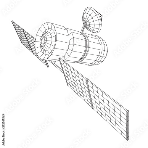 Space station communications satellite. Wireframe low poly mesh vector illustration.