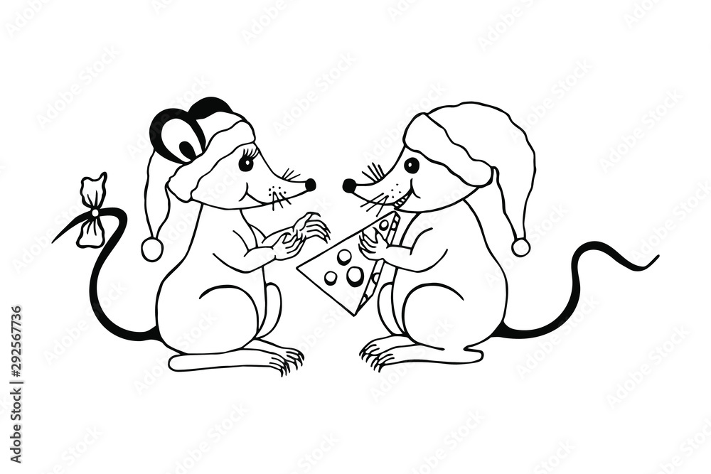 Obraz premium mouse in New Year's caps. eps10 vector illustration. hand drawing. art line