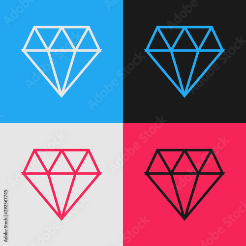 Color line Diamond icon isolated on color background. Jewelry symbol. Gem stone. Vintage style drawing. Vector Illustration