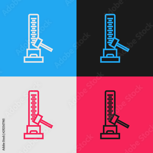 Color line High striker attraction with big hammer icon isolated on color background. Attraction for measuring strength. Amusement park. Vintage style drawing. Vector Illustration