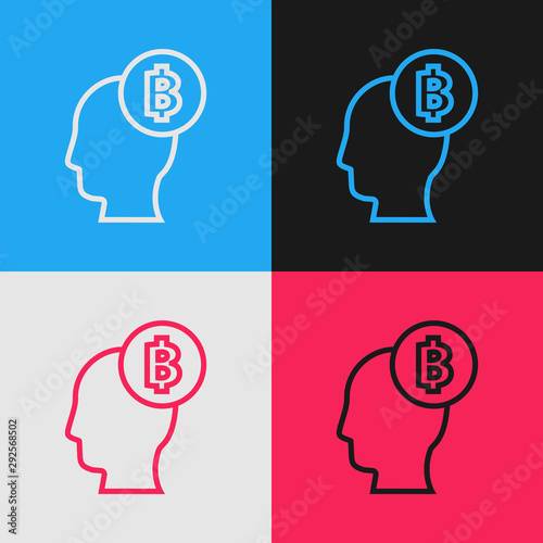 Color line Bitcoin think icon isolated on color background. Cryptocurrency head. Blockchain technology, digital money market, cryptocoin wallet. Vintage style drawing. Vector Illustration