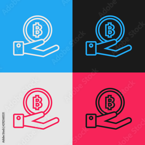 Color line Hand holding Bitcoin icon isolated on color background. Blockchain technology, digital money market, cryptocoin wallet. Vintage style drawing. Vector Illustration