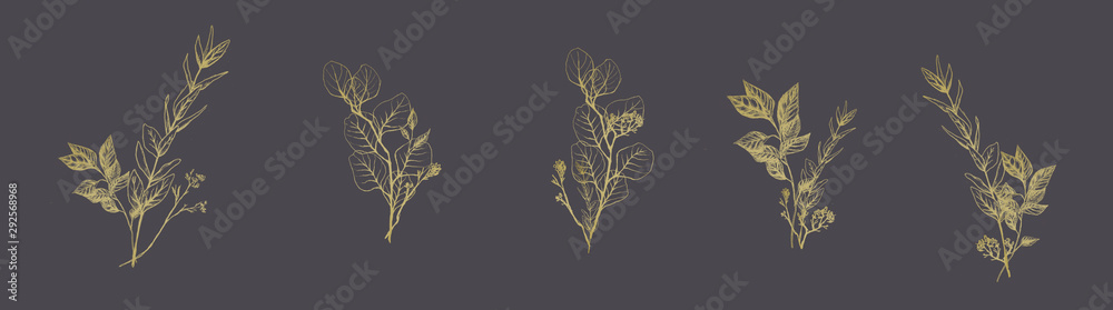Set of golden floral compositions - obrazy, fototapety, plakaty 
