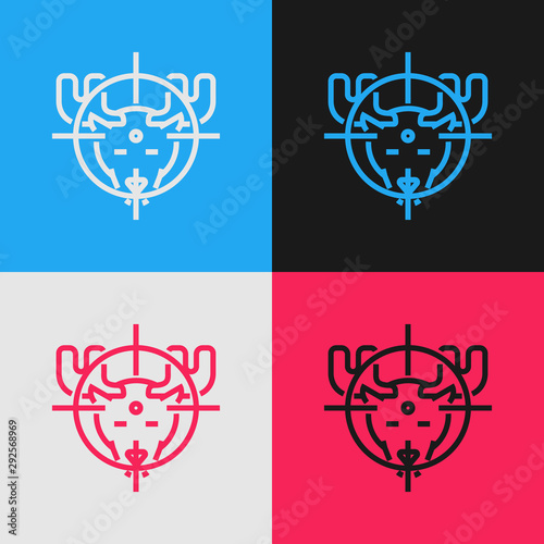 Color line Hunt on moose with crosshairs icon isolated on color background. Hunting club logo with moose and target. Rifle lens aiming a moose. Vintage style drawing. Vector Illustration