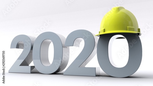 3D illustration of number 2020 wearing a hard helmet
