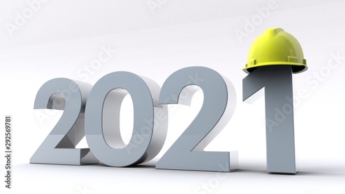 3D illustration of number 2021 wearing a hard helmet