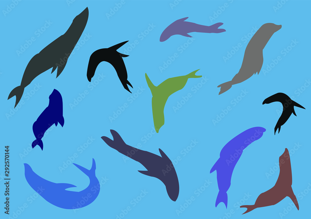 Fototapeta premium swimming sea lions on a blue background vector eps