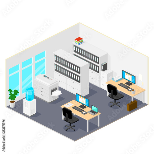 Isometric Office Workspace Interior Vector Illustration
