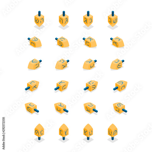 Vector Hanukkah dreidel all sides isometric 3d elements set. Jewish holiday dreidel game every side objects. Spinning top toy different view isolated.