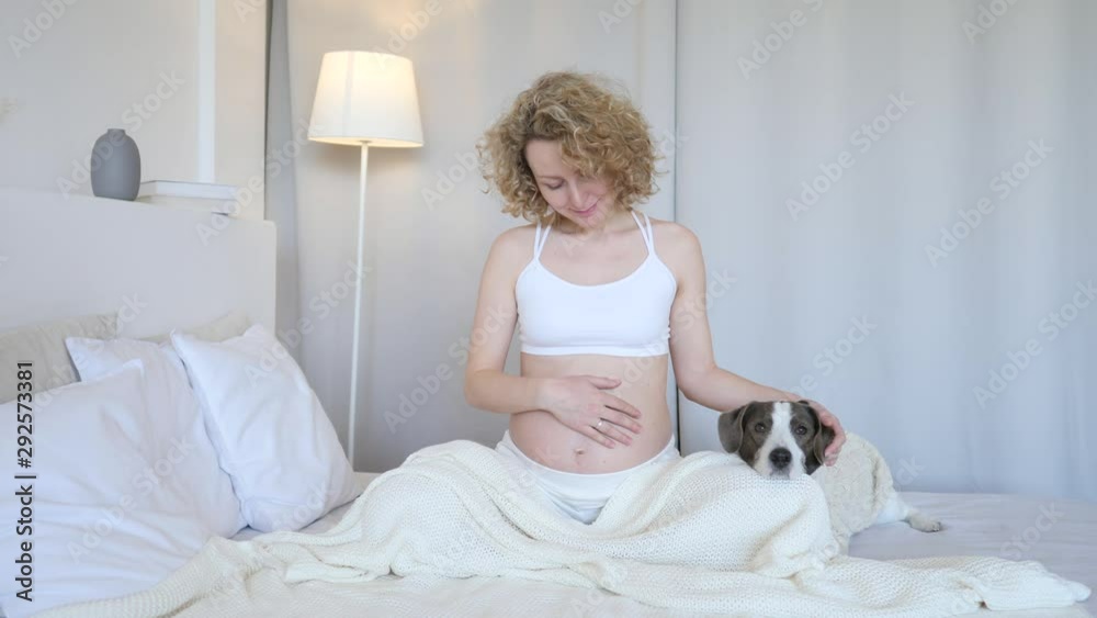 Happy Pregnancy Concept. Young Pregnant Woman In Bed With Her Dog. Happy Pregnancy Concept. Young Pregnant Woman In Bed With Her Dog.