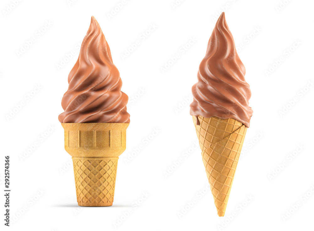 Ice cream in chocolate glaze waffle cone isolated on white.