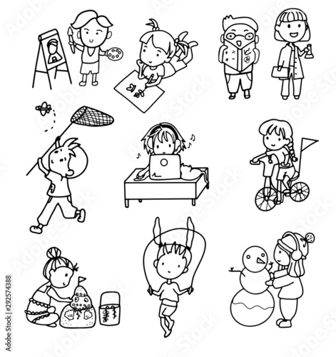 cute doodle line art cartoon of children doing various of activities both indoor and outdoor