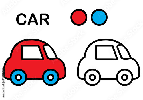 car coloring book, cartoon flat style, for children's creativity.