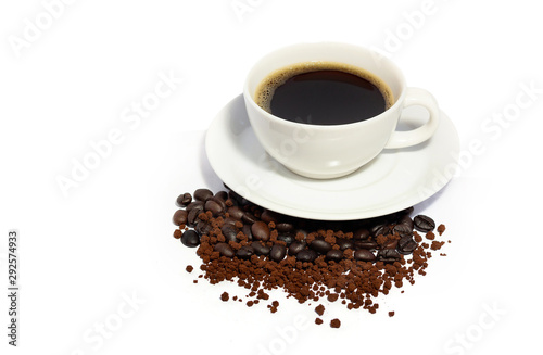 Closeup of black coffee in white cup with coffee bean and coffee powder. isolated on white