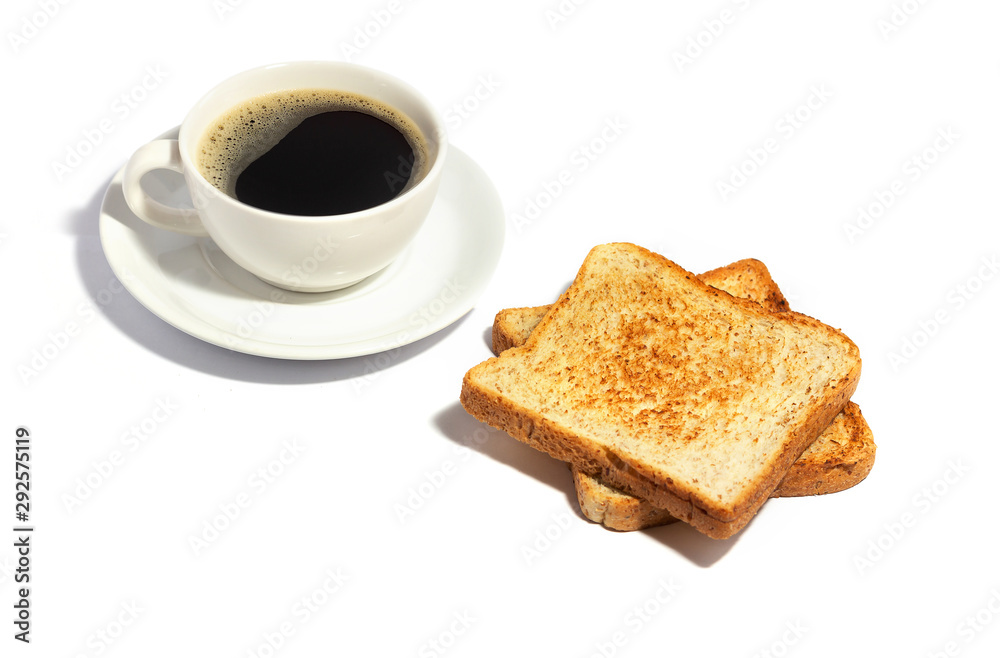Black coffee in white cup with double toast. isolated on white Black coffee in white cup with double toast. isolated on white
