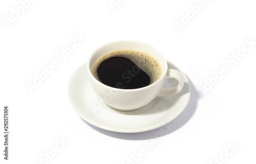 Top view black coffee with bubble in white cup. isolated on white