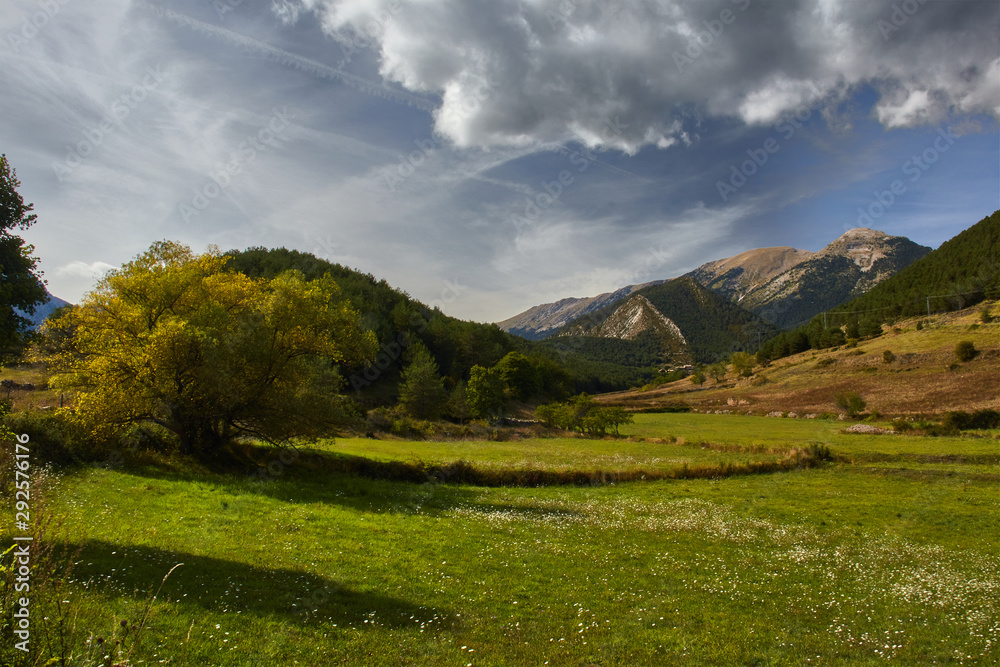  Green meadow, mountains and cloudy sky