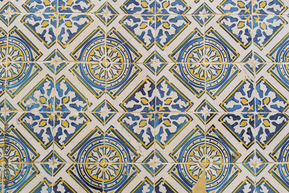 Portuguese azulejo tiles decorating buildings facades in Cascais, Portugal