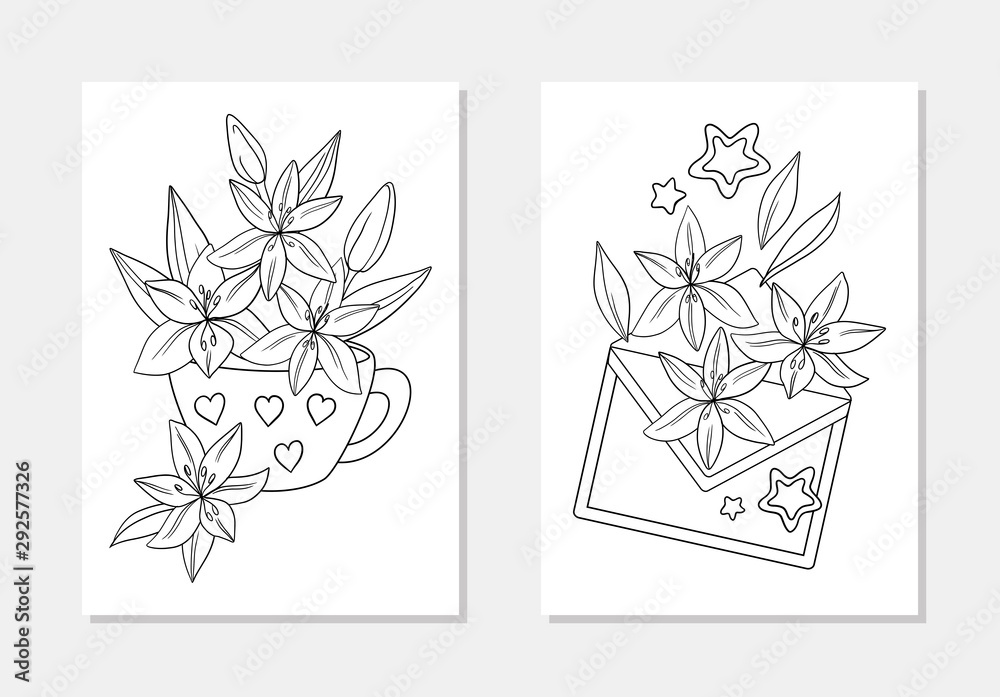 Fototapeta premium vector mug cup envelope lily flower leaf bouquet composition line art coloring book page