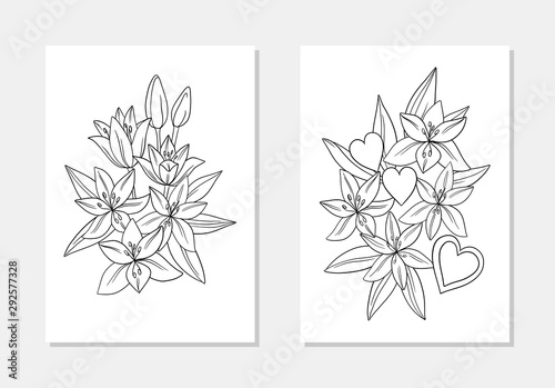 vector heart  lily flower leaf bouquet line art coloring page set