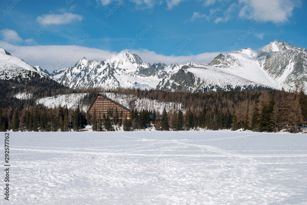 Beautiful winter landscape at Strbske Pleso lake in high Tatras mountains