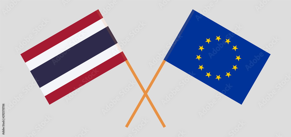 Thailand and the EU. Crossed Thai and European flags