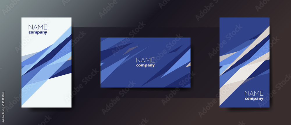 Set of three abstract business cards with graphic elements and text. 
