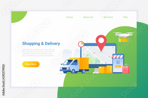 Online shopping with delivery services Flat vector illustration. Deliver package by Van or Drone.