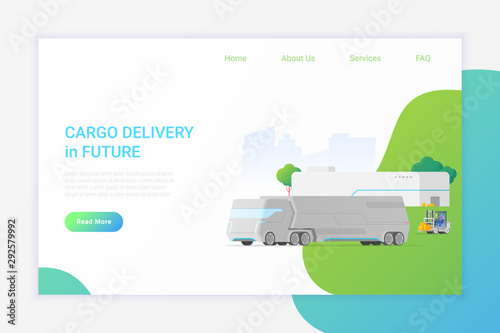 Futuristic unmanned self-driving Truck car vehicle near warehouse Future Cargo Delivery Flat vector illustration.