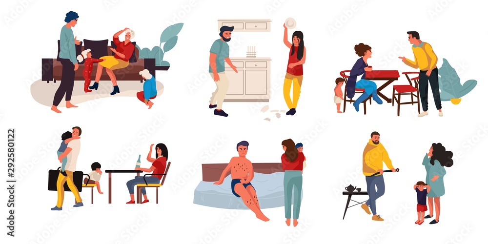 Obraz premium Family conflict. Trendy cartoon scenes of fight between family members, parents and children at home. Vector illustration relationship people problems angry couple break up
