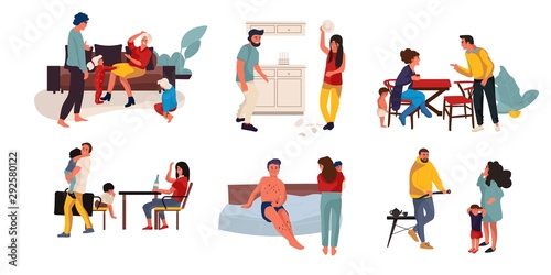 Family conflict. Trendy cartoon scenes of fight between family members, parents and children at home. Vector illustration relationship people problems angry couple break up