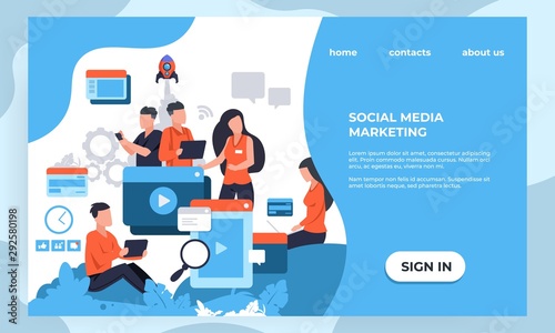 Marketing landing page. SEO and business analytic concept with cartoon characters, web page design template. Vector illustrations modern banner creative corporate agency photo