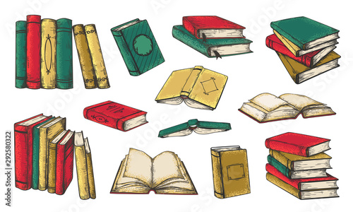 Hand drawn books. Colored vintage piles and stacks of book, reading and writing textbook concept. Vector isolated image educational retro illustration set in bookstore or library on white background
