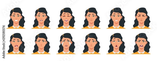 Face expression. Cartoon girl character with sad happy angry surprised emotion. Vector illustration beautiful woman avatar constructor with facial expressing joy scared cheerful