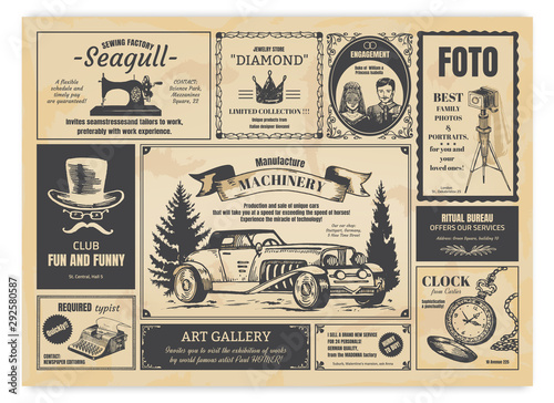 Vintage newspaper advertising. Newsprint labels with retro fonts, frames and old illustrations. Vector realistic background press advertising with announcements for fashion design work