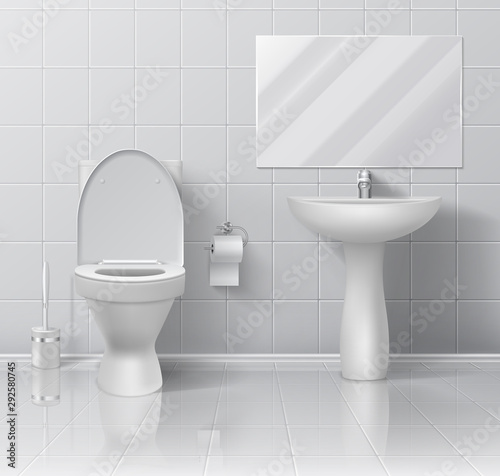 Modern 3D bathroom interior with white ceramic wall floor sink toilet paper bowl and brush. Vector illustrations mockup toilet design with mirror and cover
