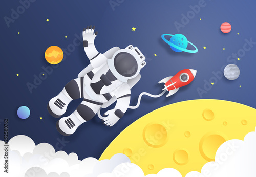 Paper cut space. Cartoon astronaut in cosmos with spaceship stars and planets, spaceman in galaxy. Vector art origami background with cosmonaut travelling to stratosphere in rocket
